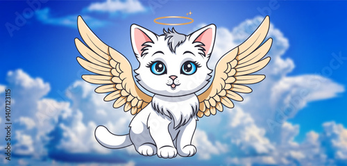 Vector cute cartoon white cuddly little kitten angel with wings and halo. Blurred cloudy blue skies. Feline fairy tale animal. Lovely cat