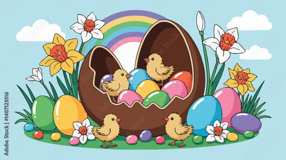 Fototapeta premium Cute Easter Chicks with Chocolate Egg and Colorful Spring Flowers Vector Illustration