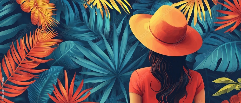 Stylish woman in nature with tropical plants and hat, colorful abstract landscape - vector.