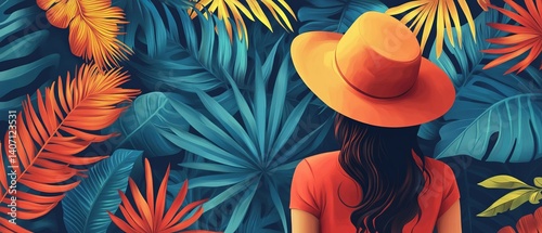 Obraz na płótnie Stylish woman in nature with tropical plants and hat, colorful abstract landscape - vector. w salonie