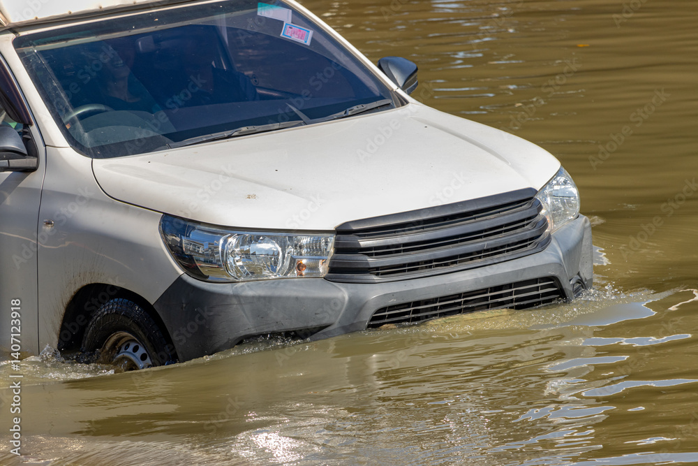 A car drives through a flooded street in the city