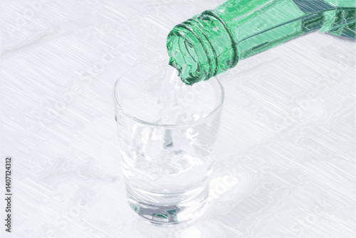 韓国の伝統的な蒸留酒、よく冷えた韓国焼酎（ソジュ）をグラスに注ぐ