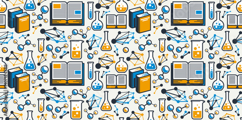 Chemistry education seamless background, chemical laboratory endless pattern with molecules and flasks, repeat wallpaper of science and study theme.