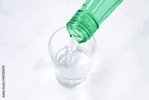 韓国の伝統的な蒸留酒、よく冷えた韓国焼酎（ソジュ）をグラスに注ぐ