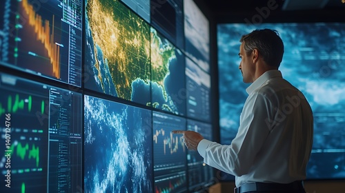 weather scientist analyzing severe climate events in an operations center using advanced display systems radar data and forecasting tools for disaster monitoring