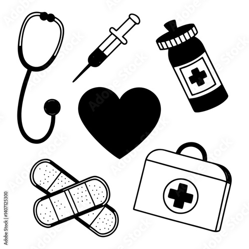 Vector medical icons set with health tools and medicine symbols seamless pattern illustration