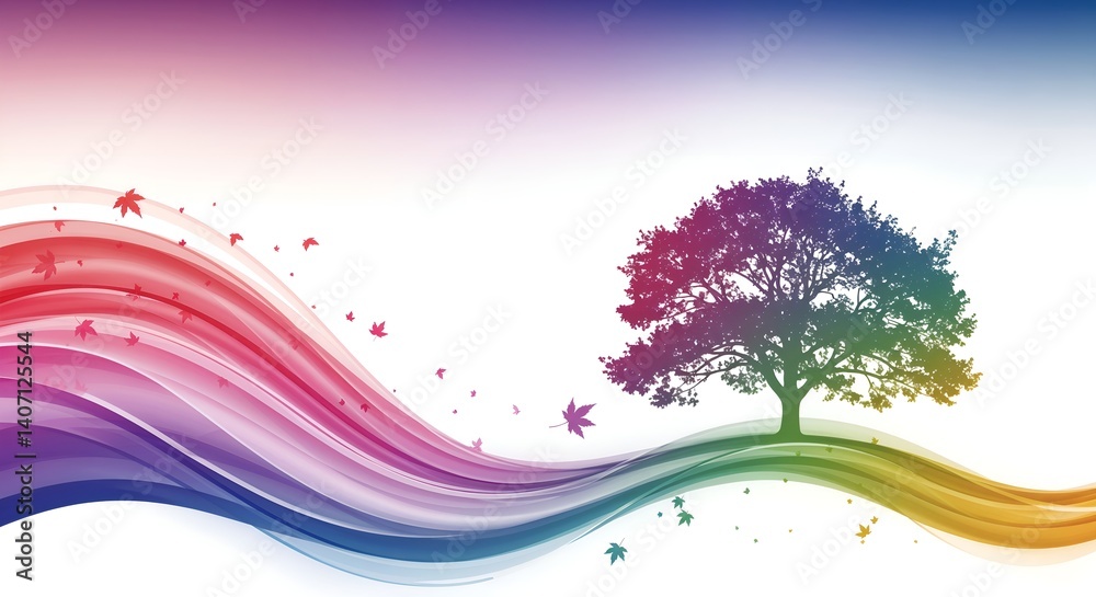 Beautiful abstract silhouette of a maple tree with wavy lines and falling leaves on a gradient background, for Canada Day
