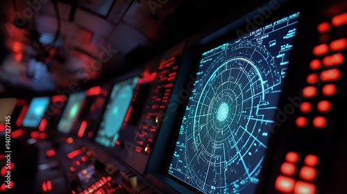 digital missile defense interface with radar screen control panel and officials reviewing sensor data maps and warning information in a technology driven room