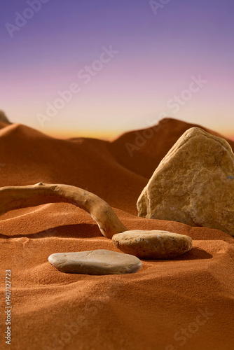 Fototapeta Naklejka Na Ścianę i Meble -  Round pebbles laid on the sand. Triangular boulders showing rough surface with light veins and buried in the sand. Winding tree branches with smooth trunks. Sunset sky with undulating mountains.