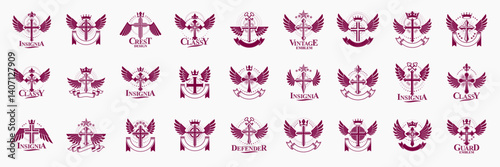 Religion crosses logos big vector set, vintage heraldic Christian emblems collection, classic style heraldry design elements, ancient designs, belief.