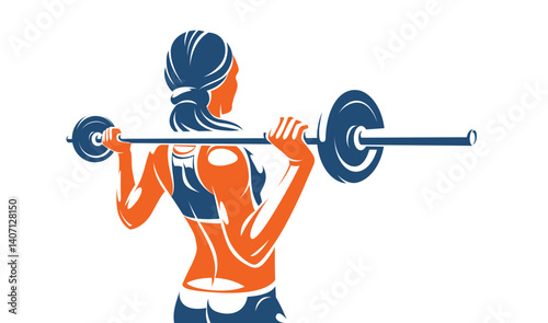 Young attractive woman with perfect muscular body training with a barbell vector illustration isolated, sport exercises active lifestyle.