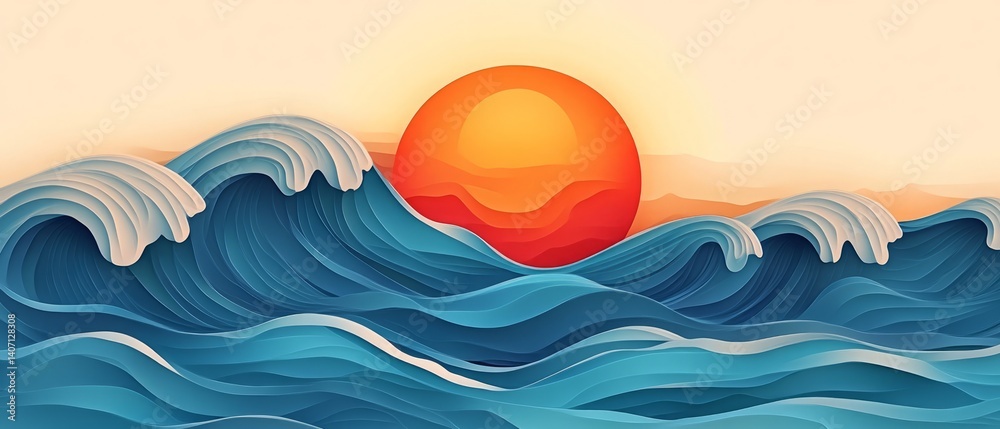 Minimalist abstract sun and ocean wave with bold colors vector.