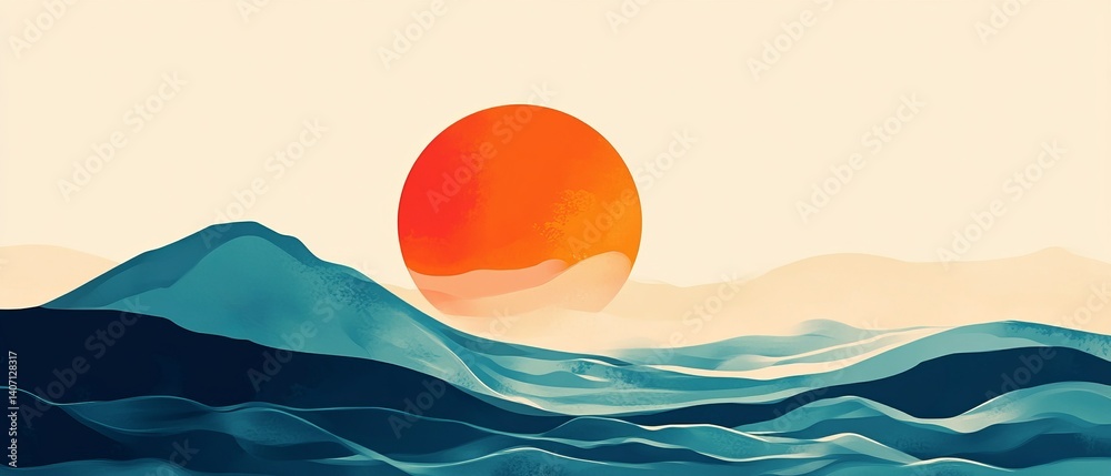 Minimalist abstract sun and ocean wave with bold colors vector.
