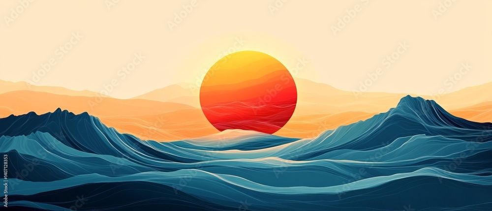Minimalist abstract sun and ocean wave with bold colors vector.