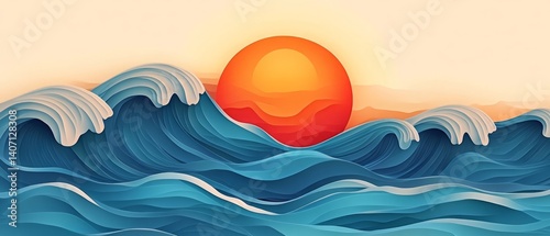 Obraz na płótnie Minimalist abstract sun and ocean wave with bold colors vector. w salonie