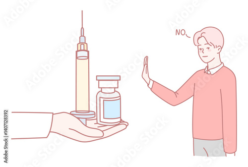An artistic illustration showcasing vaccine hesitancy, featuring a person visibly rejecting a syringe and vial