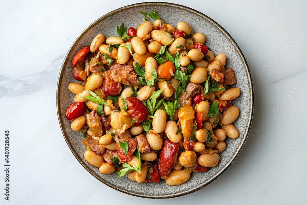 Bowl of colorful cassoulet with beans, sausage, fresh herbs, red tomatoes on white marble surface. Concept of hearty cassoulet, traditional french bean stew experience. Bowl of colorful cassoulet with beans, sausage, fresh herbs, red tomatoes on white marble surface. Concept of hearty cassoulet, traditional french bean stew experience.
