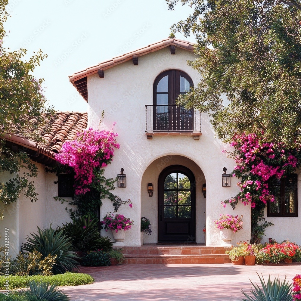 Fototapeta premium Spanish Revival exterior with stucco walls, clay roof tiles, and an arched entryway framed by bougainvillea. 