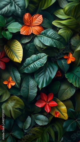 Lush Green Leaves Phone Wallpaper  Vibrant Orange & Red Flowers | Vertical Botanical Mobile Background in HD

