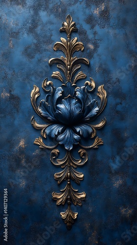 Blue & Gold Floral Relief Phone Wallpaper  Intricate Floral Design on Textured Blue Background | Elegant HD Aesthetic

