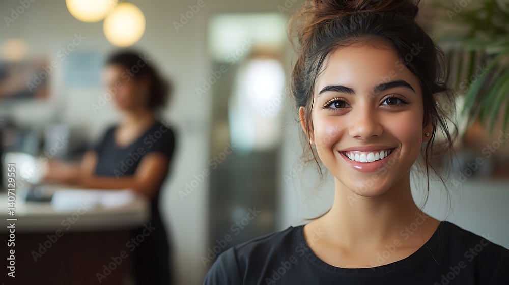 Obraz premium professional receptionist portrait in bright office reception area with friendly smile and colleague working in background ideal for business customer care themes