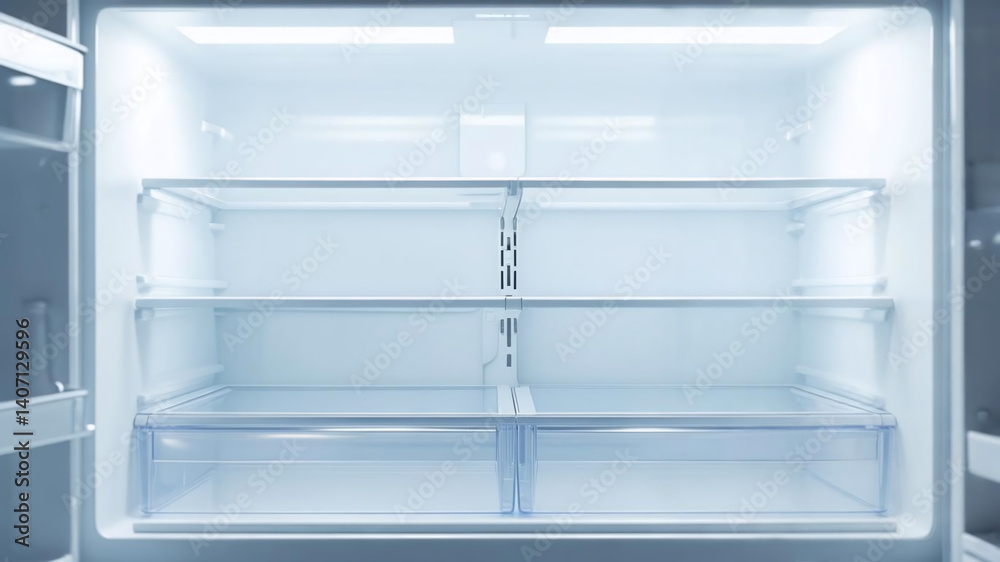 Empty Fridge Shelves in Clean Modern Refrigerator, Diet and Hunger, Eating Disorder of Anorexia, Groceries Empty Fridge Shelves in Clean Modern Refrigerator, Diet and Hunger, Eating Disorder of Anorexia, Groceries