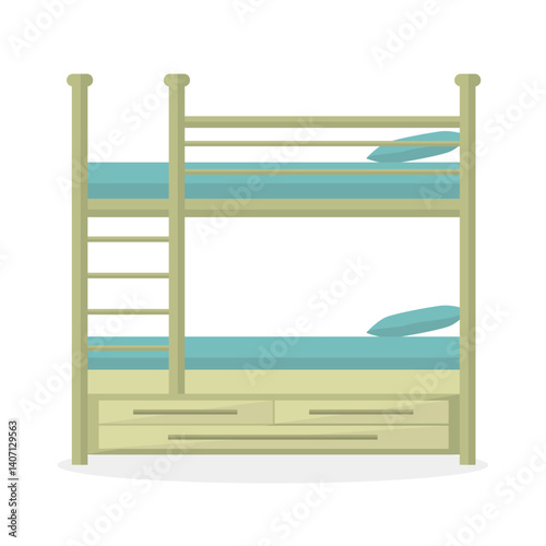 Bunk bed icon with three drawers for things on a white background. Bed for a hostel.