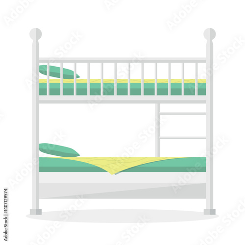 Bunk bed icon with railings and stairs. Side view. Bed for two people.