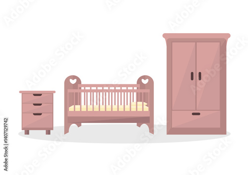 Girl furniture set icon. Baby crib, nightstand and wardrobe. Furniture for a girl's room.