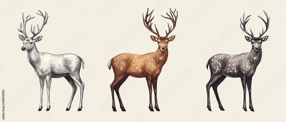Majestic Deer Illustrations Highlighting Antlers and Graceful Stance, Icons Set – Linear Vector