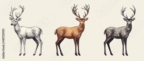 Obraz na płótnie Majestic Deer Illustrations Highlighting Antlers and Graceful Stance, Icons Set – Linear Vector w salonie