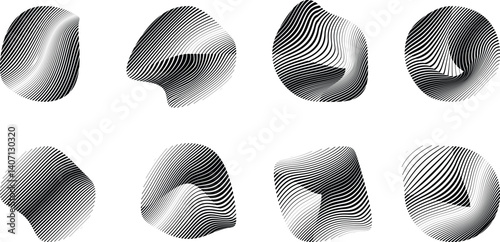 Abstract flow lines design elements . Fluid wavy shape . Glitched circle design . Striped linear objects . . Vector illustration