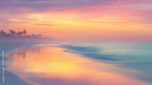 dreamy sunset over tranquil beach with soft waves and palm trees reflecting in water