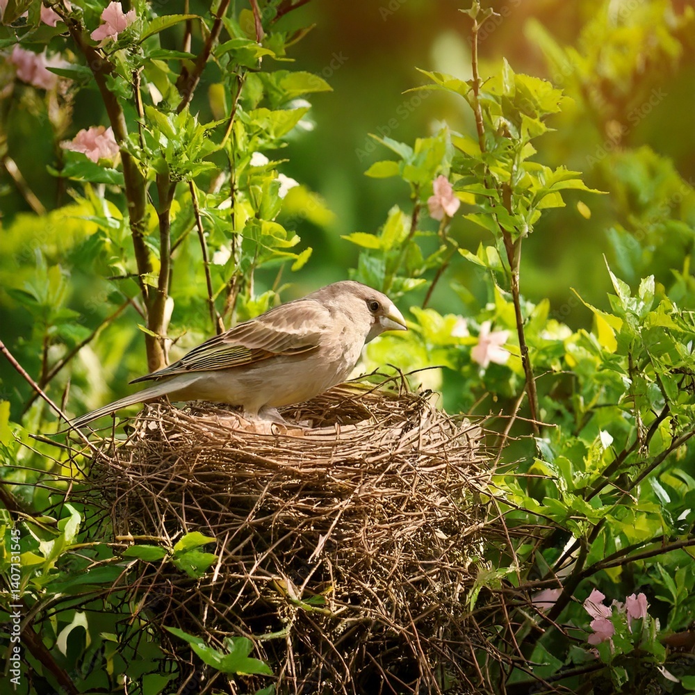 Nest building of a bird in a bush in spring in the garden