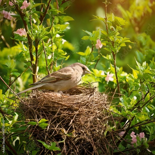 Obraz na płótnie Nest building of a bird in a bush in spring in the garden w salonie