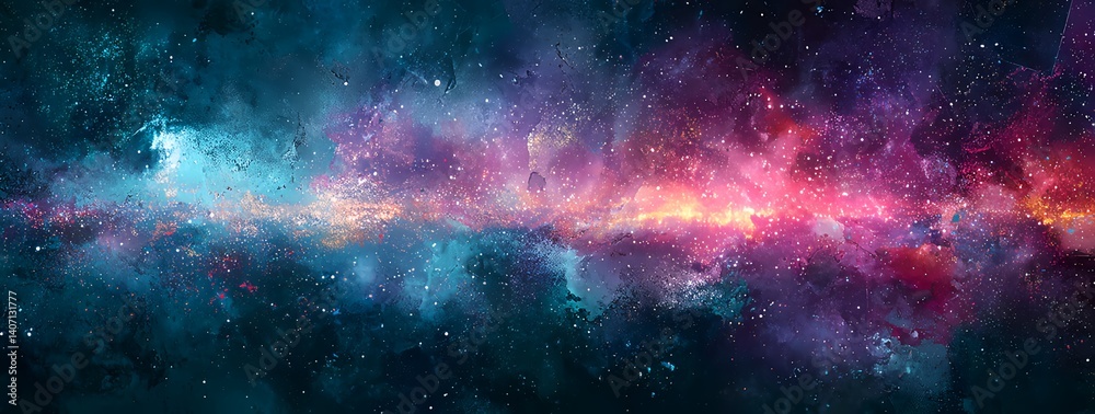 Obraz premium Cosmic Symphony: An artistic depiction of the universe unfolds, a vibrant tapestry of celestial bodies, nebulae, and galaxies, showcasing the awe-inspiring beauty of the cosmos.