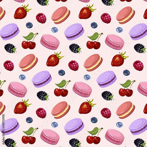 Ripe berries and macaroons.Vector seamless pattern with colorful macaroons and ripe berries on a light background.