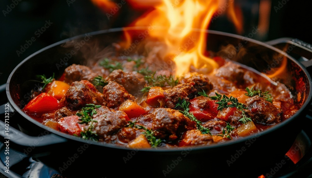 Meatball stew cooking in a pot over fire, with steam, on a stove, indoors Meatball stew cooking in a pot over fire, with steam, on a stove, indoors