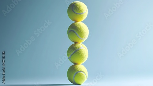 Stacked tennis balls creating a tower effect balanced sports concept
