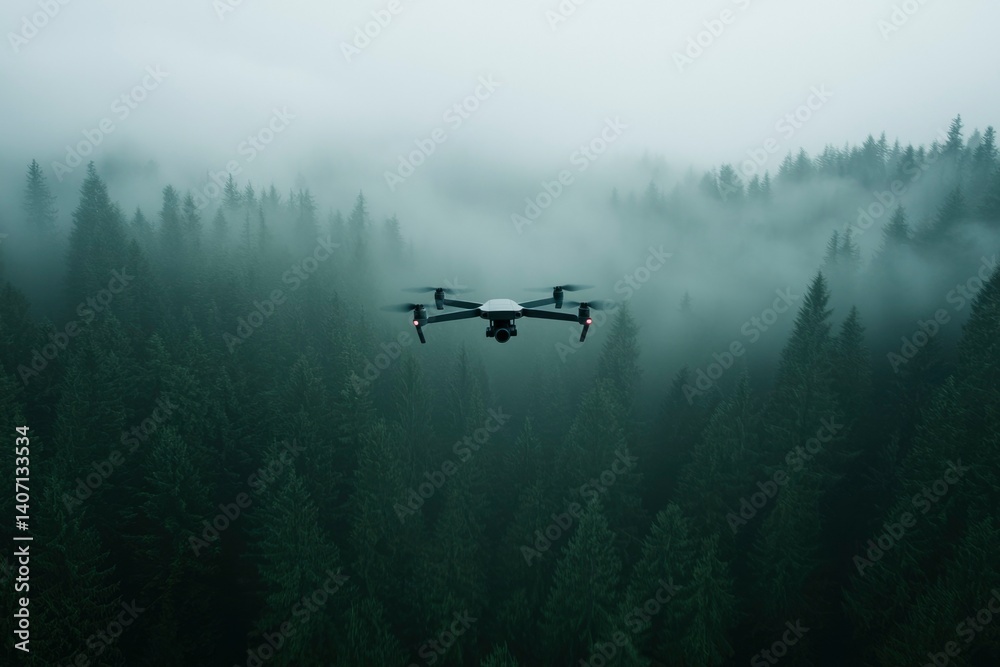 Drone flying above forest in misty weather over green treetops, atmospheric scenery Drone flying above forest in misty weather over green treetops, atmospheric scenery