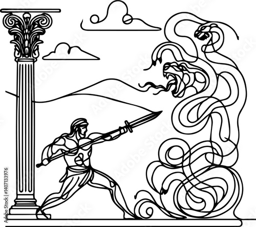 Hero fighting a serpent monster in a mythological landscape  