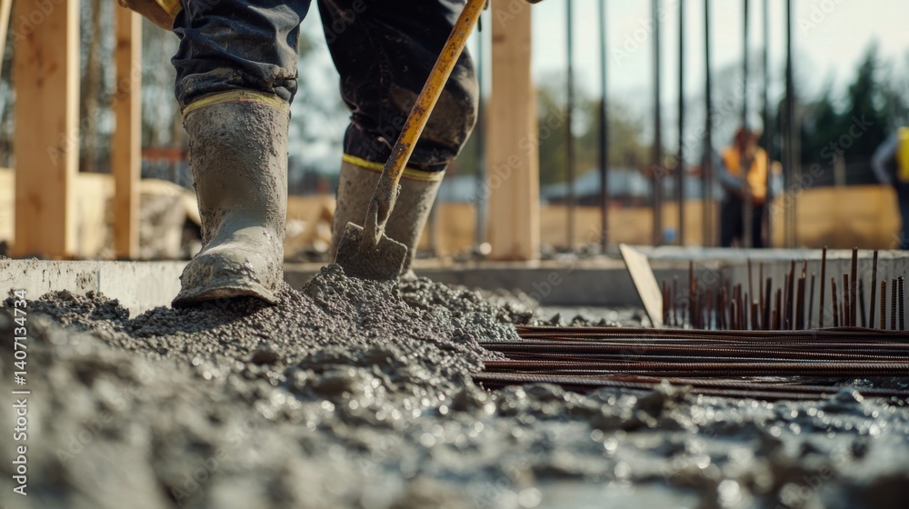 Construction worker laying foundation for building. Featuring foundation work and construction expertise Construction worker laying foundation for building. Featuring foundation work and construction expertise