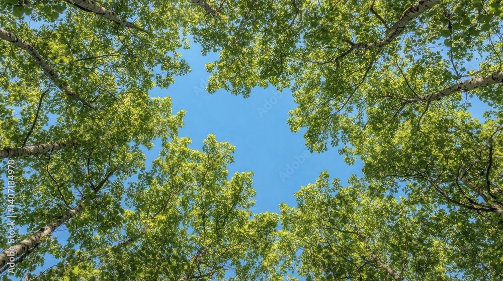 Fototapeta premium a serene upwards perspective capturing the canopy of birch trees with vibrant green leaves framing a clear blue sky offering a tranquil and natural landscape