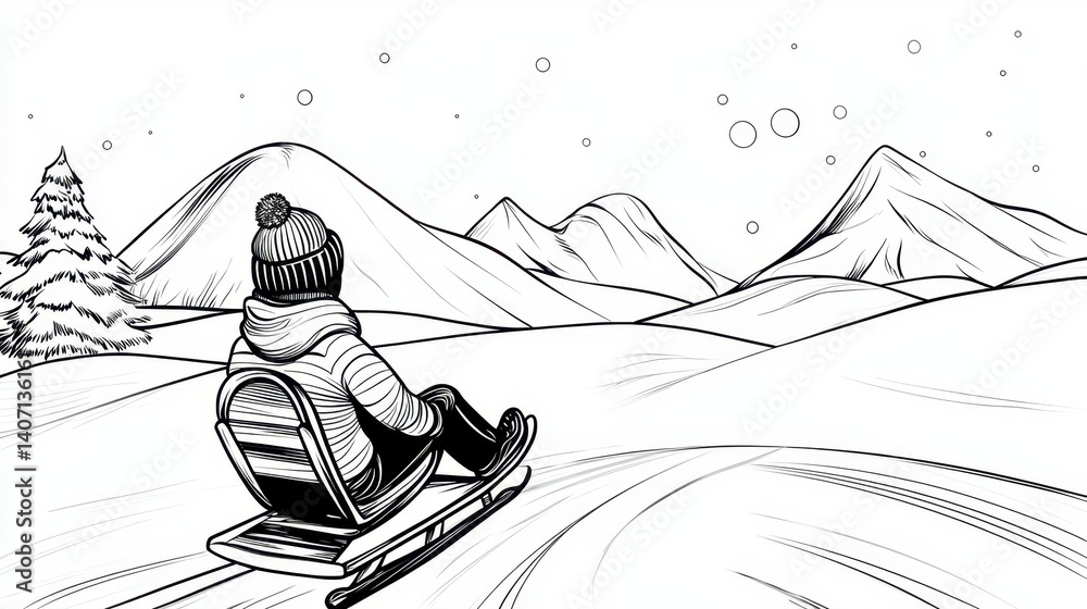 Naklejka premium Person Sledding in Winter Landscape