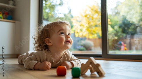 Small child looking out large window.