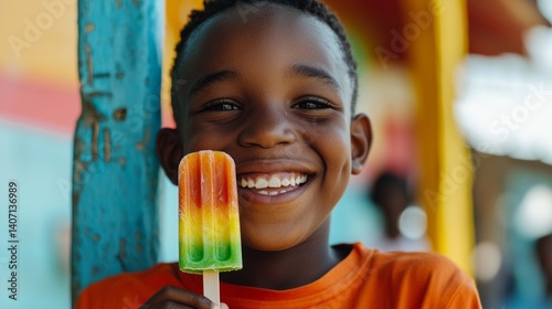 A boy enjoys a colorful lollipop outdoors.