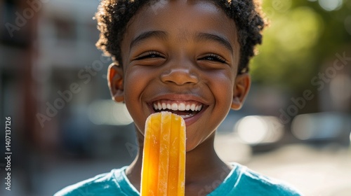 Child enjoying ice cream on sunny day.