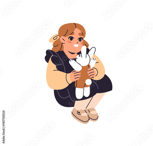 Cute little girl plays with stuffed bunny. Happy kid in dress has fun with plush friend rabbit. Funny child holds baby hare in hands, smiles. Flat isolated vector illustration on white background