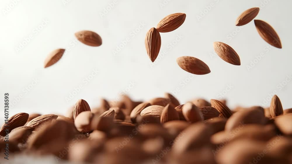 Almonds scattered in mid-air