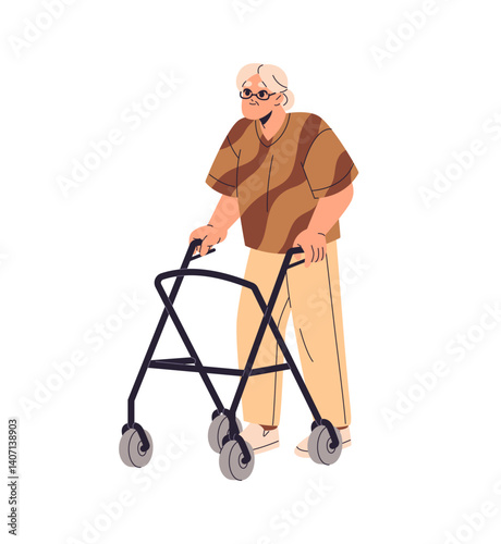 Happy old woman goes with help of walker. Cute granny leans on walking frame. Disabled grandmother stands, moves with support of gear, tool. Flat isolated vector illustration on white background